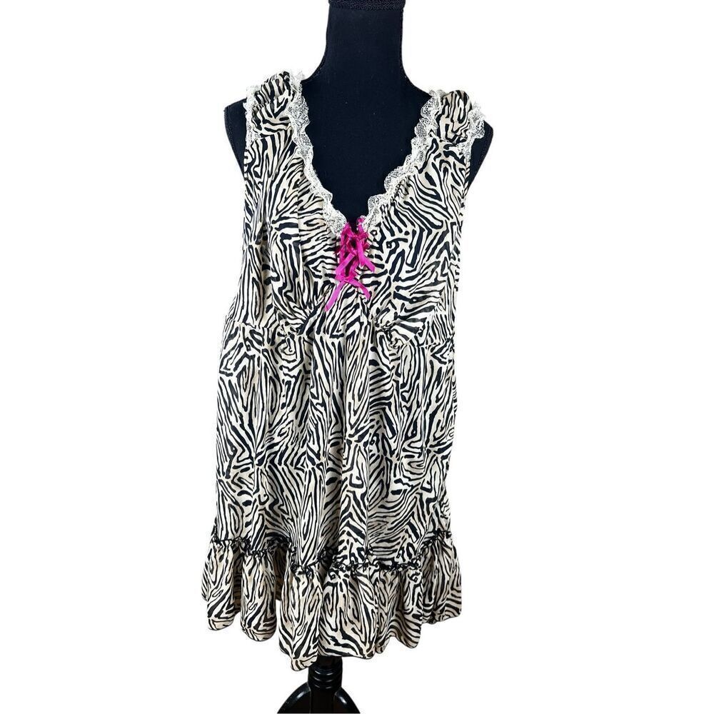 Cacique 26/28 Zebra Animal Print Pink Bow Lace Trim Tank Top Sleep nightie Dress